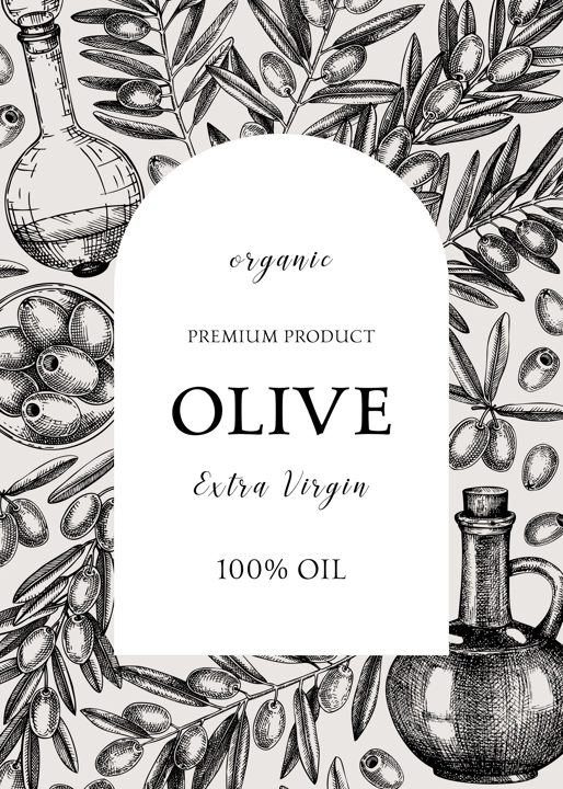 Olive oil background. Hand-drawn vector illustration. Olive tree branches, glass bottle, olives sketches. Italian food frame in vintage style. Vegetable oil design template